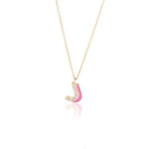 14K Yellow Gold My Story Diamond & Fuchsia Enamel Letter J Pendant, .27 Ctw.